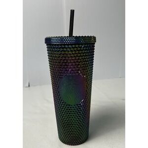 Starbucks 2023 Studded Iridescent‎ Rainbow Oil Slick 24oz Siren Tumbler W/Straw